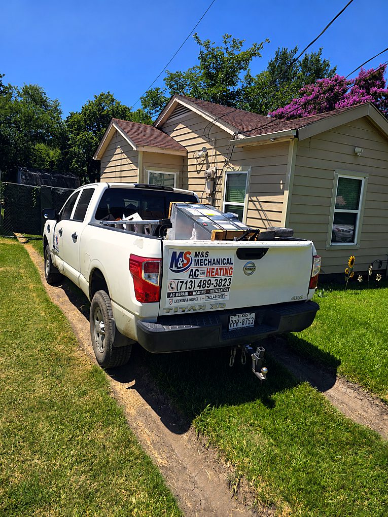 M&S Mechanical service truck parked outside a customer's home — serving Tomball, TX
